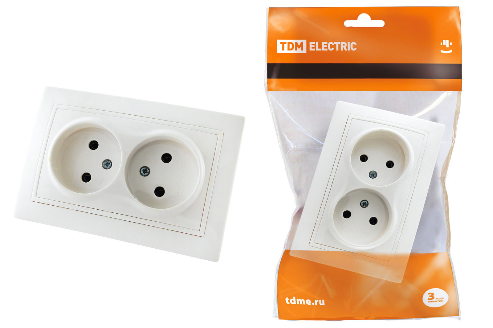 Розетка двойная белая без заземления 10А 250В Таймыр (уп.10шт) - TM TDM