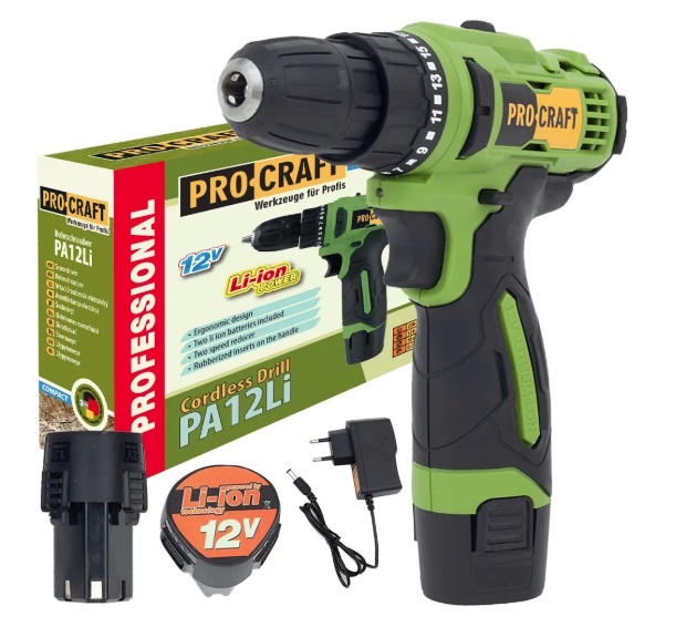 Дрель-шуруповерт аккумуляторная PA-12 Li Compact (2 АКБ-1,5 Ач и ЗУ) ТМ Pro-Сraft