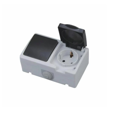 Комб. выкл. 1-клав. черный/серый + розетка с заземлением и крышкой (уп. 5шт) HOROZ ATOM