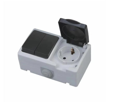 Комб. выкл. 2-х клав. черный/серый + розетка с заземлением и крышкой (уп. 5шт) HOROZ ATOM