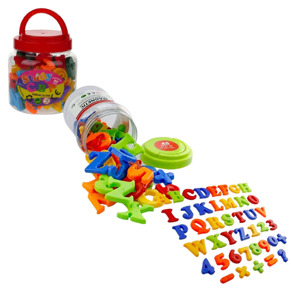 Магнитные буквы и цифры в банке (80 деталей)