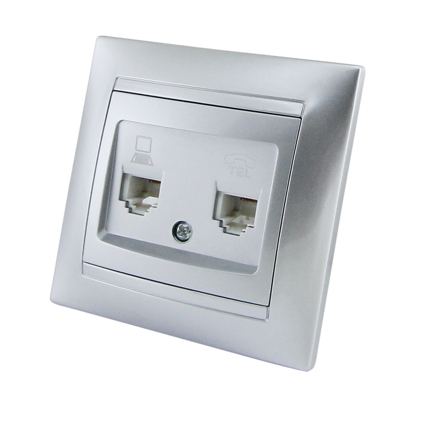 Розетка телефонная RJ11+компьютерная RJ45 серебр.металлик Лама TDM