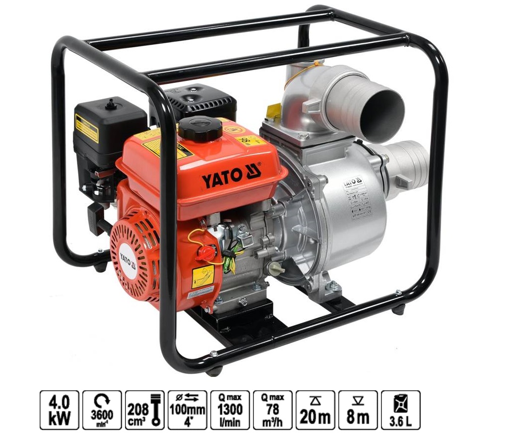 Мотопомпа 78 м3/ч/4,1 кВт/7,7 л.с./208 см3/100 мм/макс. глуб.- 8 м/макс. выс.- 20 м (YT-85403) YATO