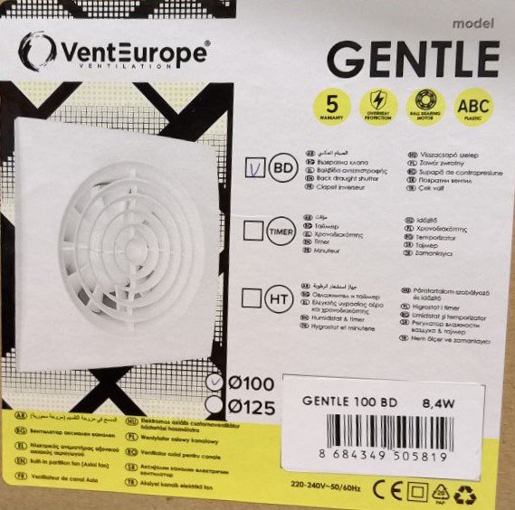 Вентилятор GENTLE D100 обр.клапан ТМ VENTEUROPE