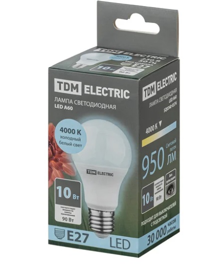 Лампа светодиодная А60 10 Вт, 230 В, 4000 К, E27 TDM