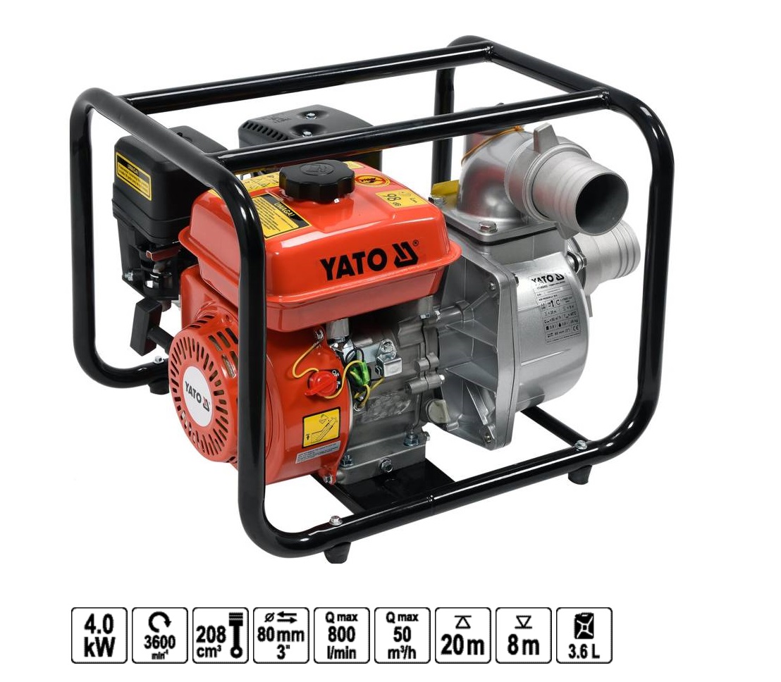 Мотопомпа 50 м3/ч/3,6 кВт/5,9 л.с./196 см3/80 мм/макс. глуб.- 8 м/макс. выс.- 20 м (YT-85402) YATO